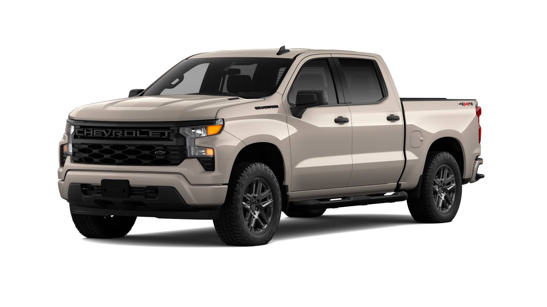 2026 Chevrolet Silverado 1500 Custom in White Sands — front three-quarter view